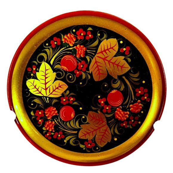 Vtg Russian Lacquerware Khokhloma Folk Art 6" Plate Wild Beries Hand-Painted - Picture 1 of 2